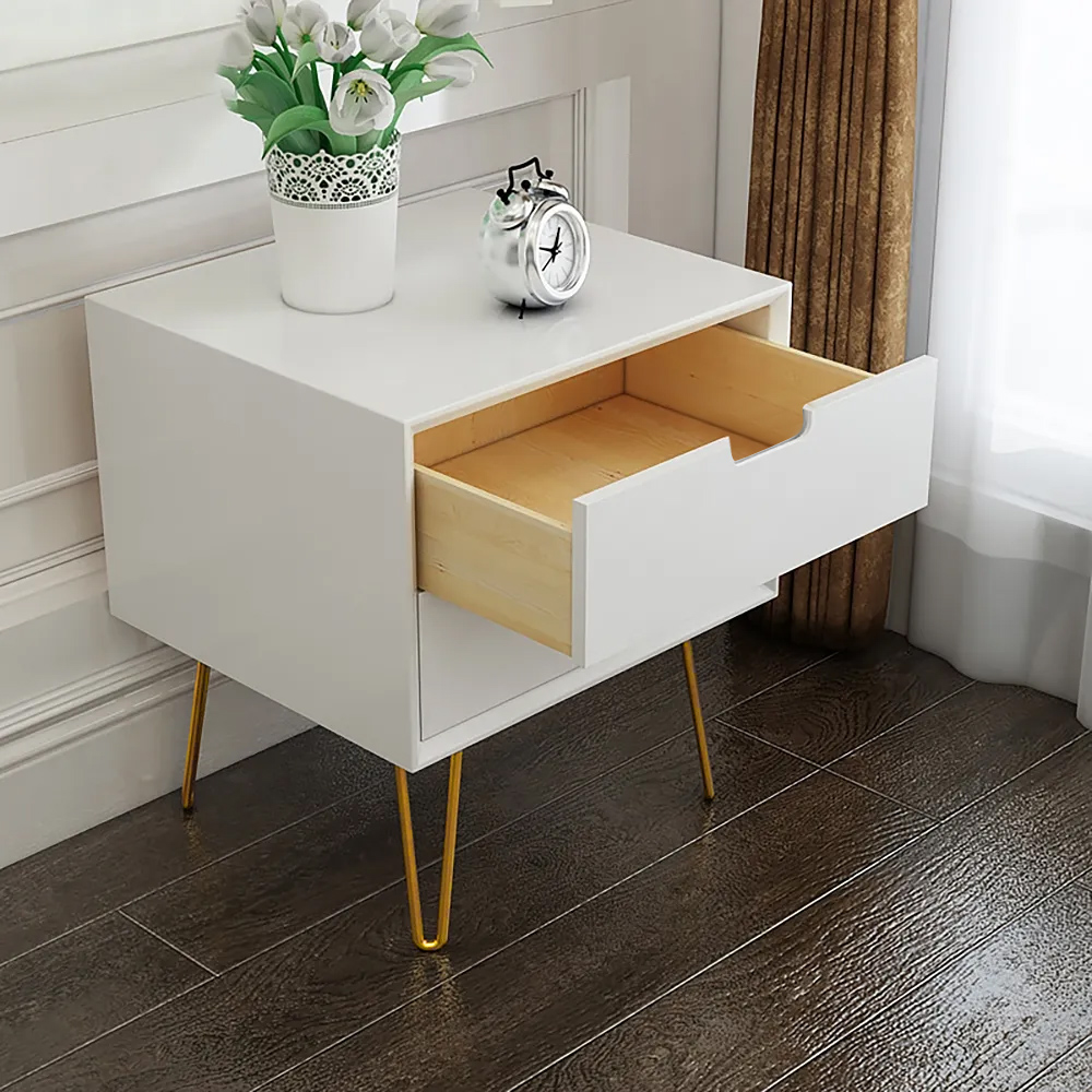 White Modern Bedroom Nightstand 2-Drawer Bedside Table in Gold