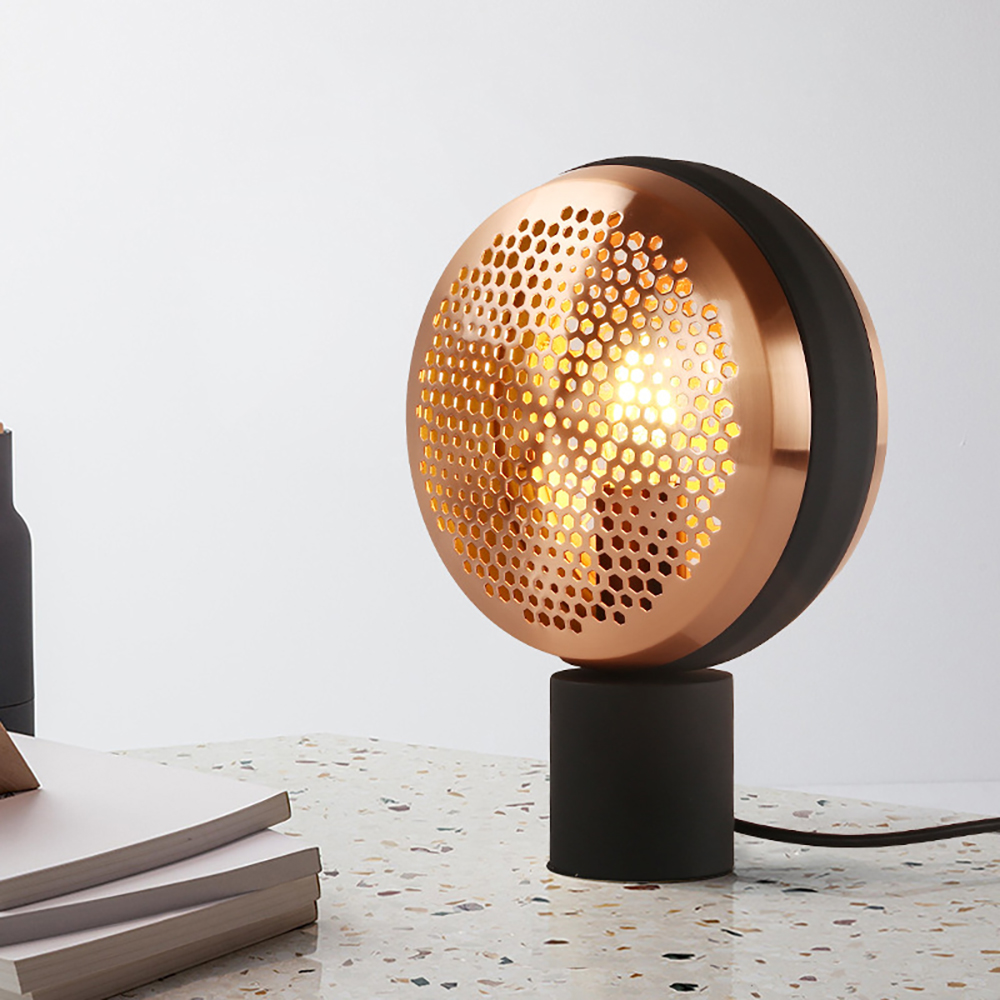 

Modern 1-Light Honeycomb Shade Table Lamp in Black & Gold Bronze