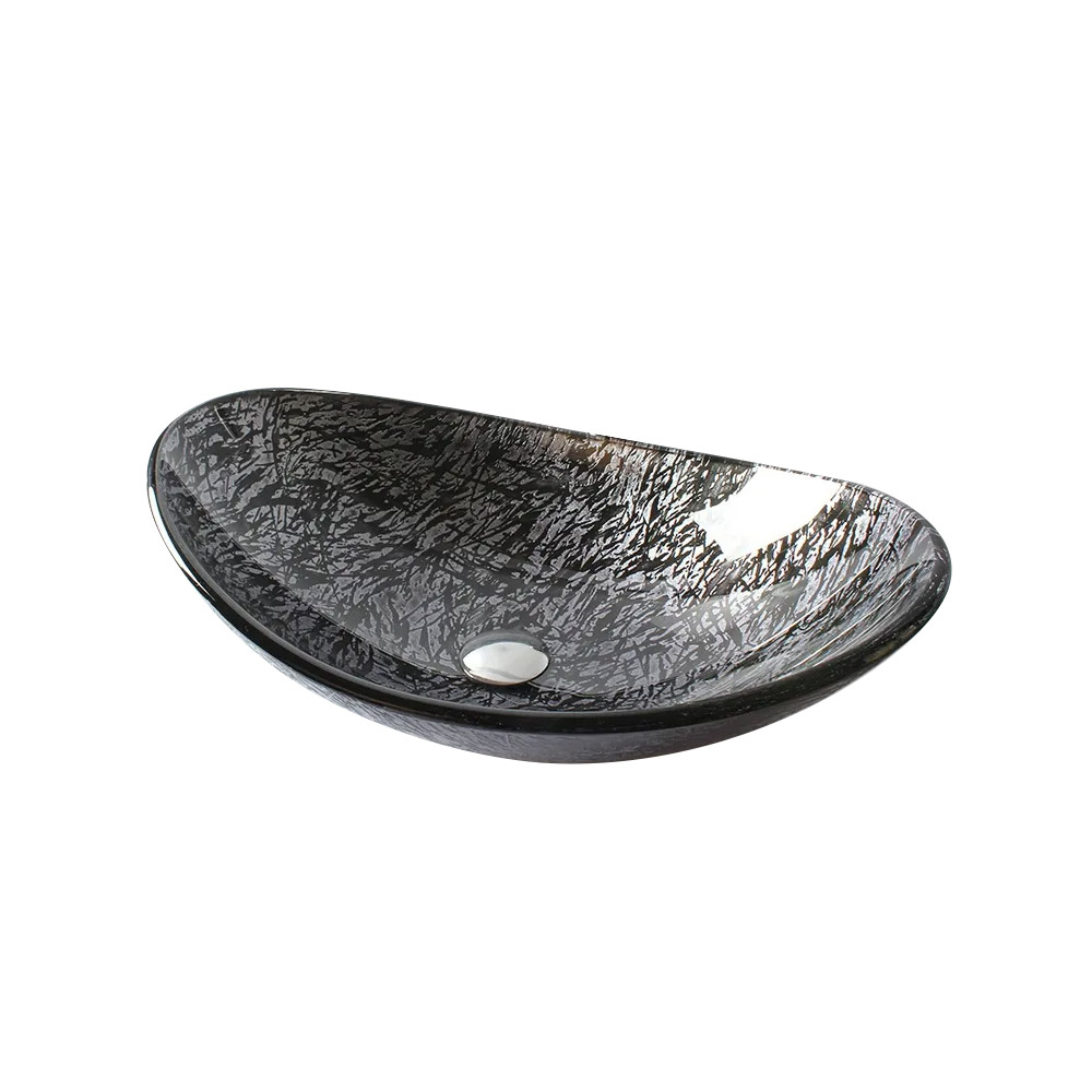 Modern Oval-Shaped Tempered Glass Countertop Bathroom Basin in Black & Silver