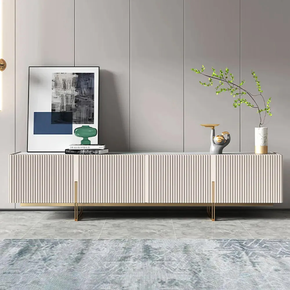 Minimalist Off White TV Stand Stone Top Media Console 4 Doors 6 Shelves