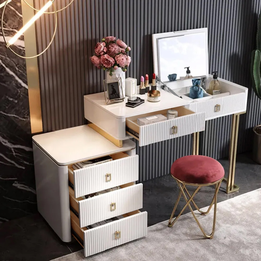 

Modern Makeup Vanity Expandable Dressing Table with Cabinet Mirror & Stool Included