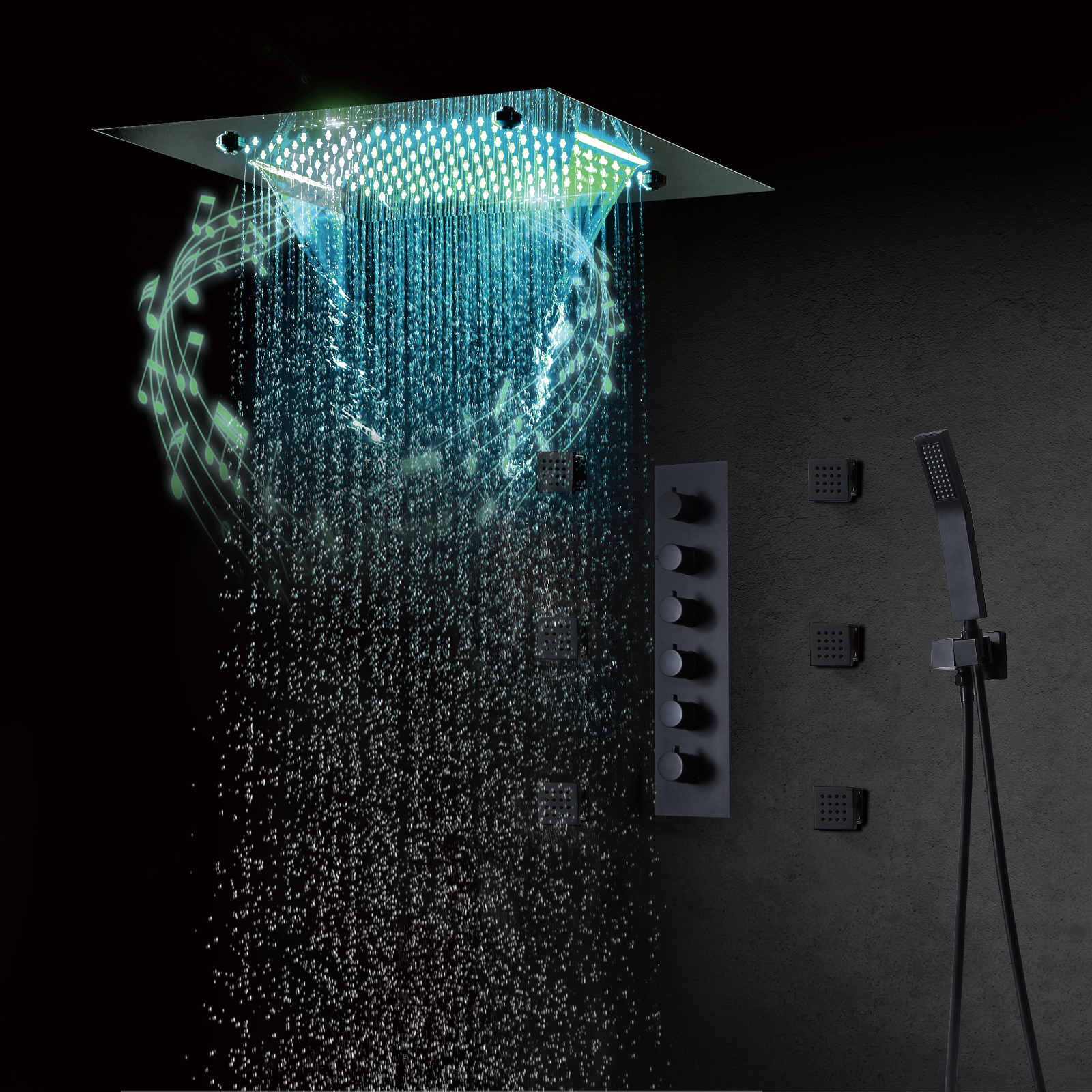 

Wall-Mounted 20" Music Shower System Rainfall 5 Functions Thermostatic