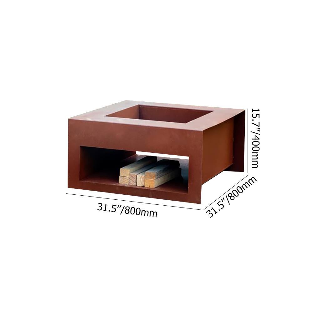 32" Outdoor Cube Fire Pit Wood Burning Backyard Thick Corten Steel