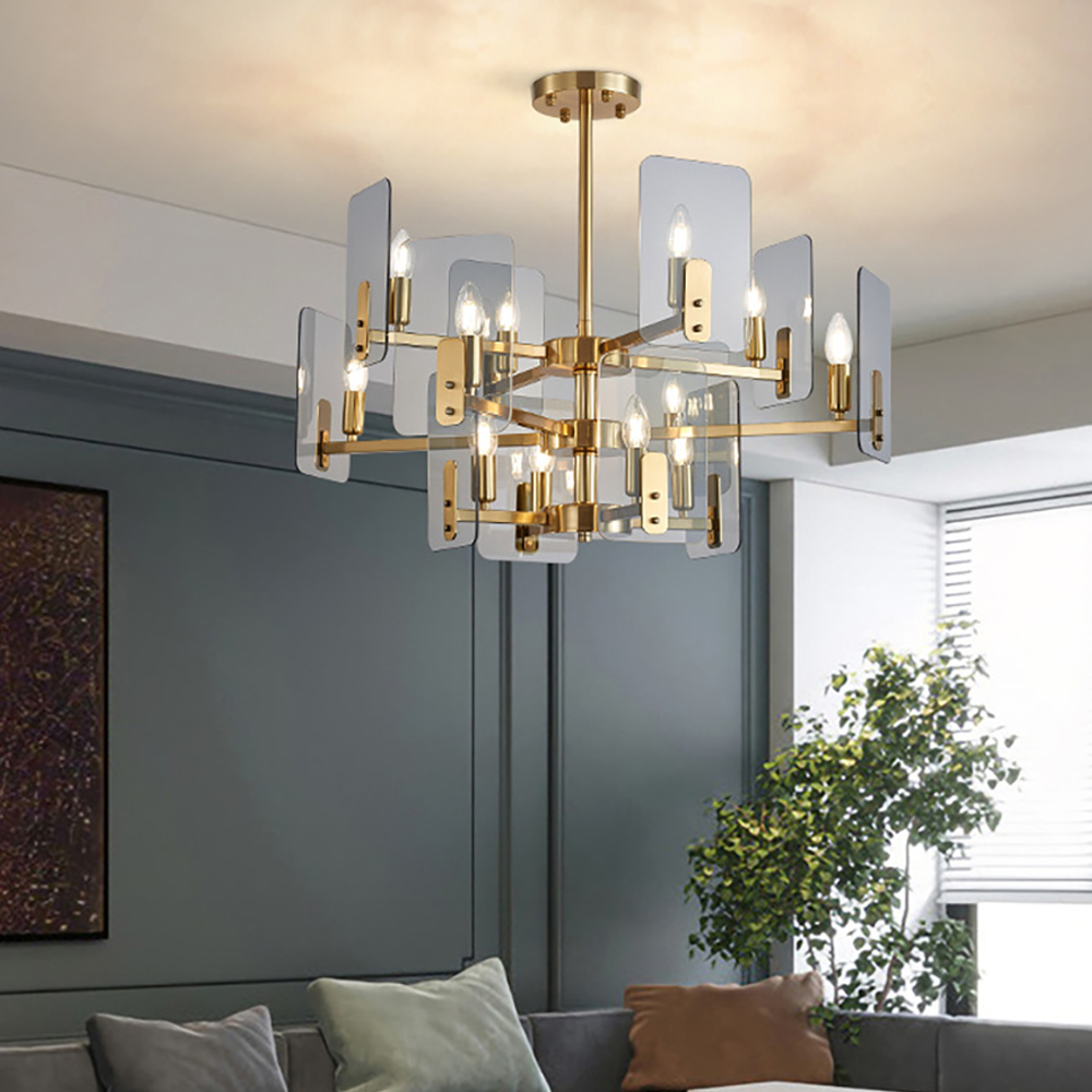 

Postmodern 12-Light Tiered Chandelier with Clear Smoke Gray Glass Plat Shade