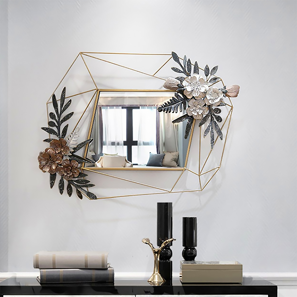 

3D Modern Leaves & Flowers Wall Mirror with Gold Metal Geometric Frame