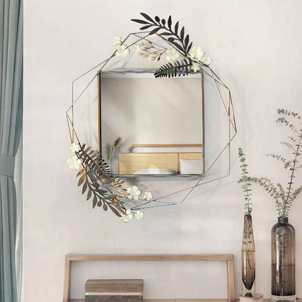 3D Modern Creative Leaves & Flowers Metal Wall Mirror with Geometric Frame