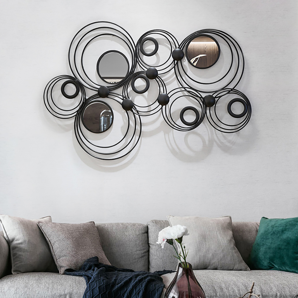 Modern 3D Abstract Geometric Round Rings Metal Wall Mirror in Black-Homary