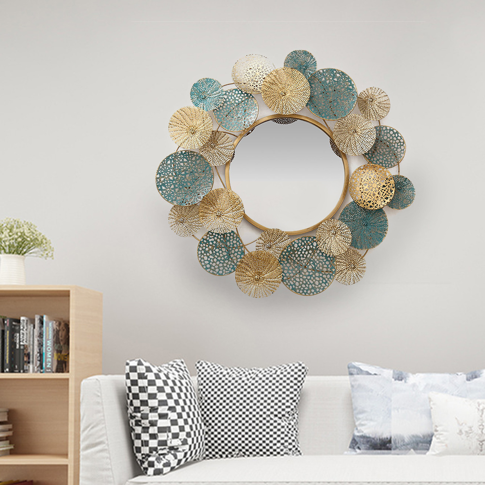 Modern Round Hollow-out Flower Metal Wall Mirror Background Decor
