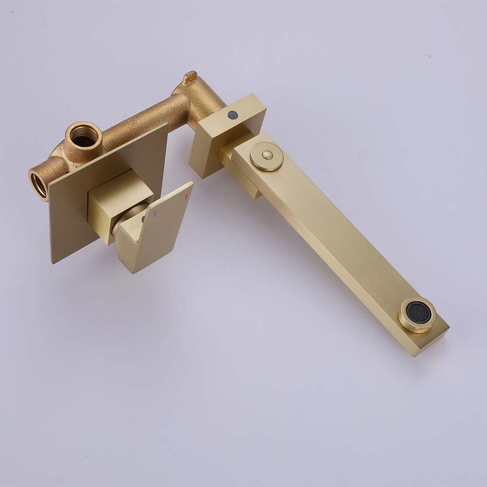 Wall Mount Brushed Gold Single Lever Handle Bathroom Basin Tap Solid Brass