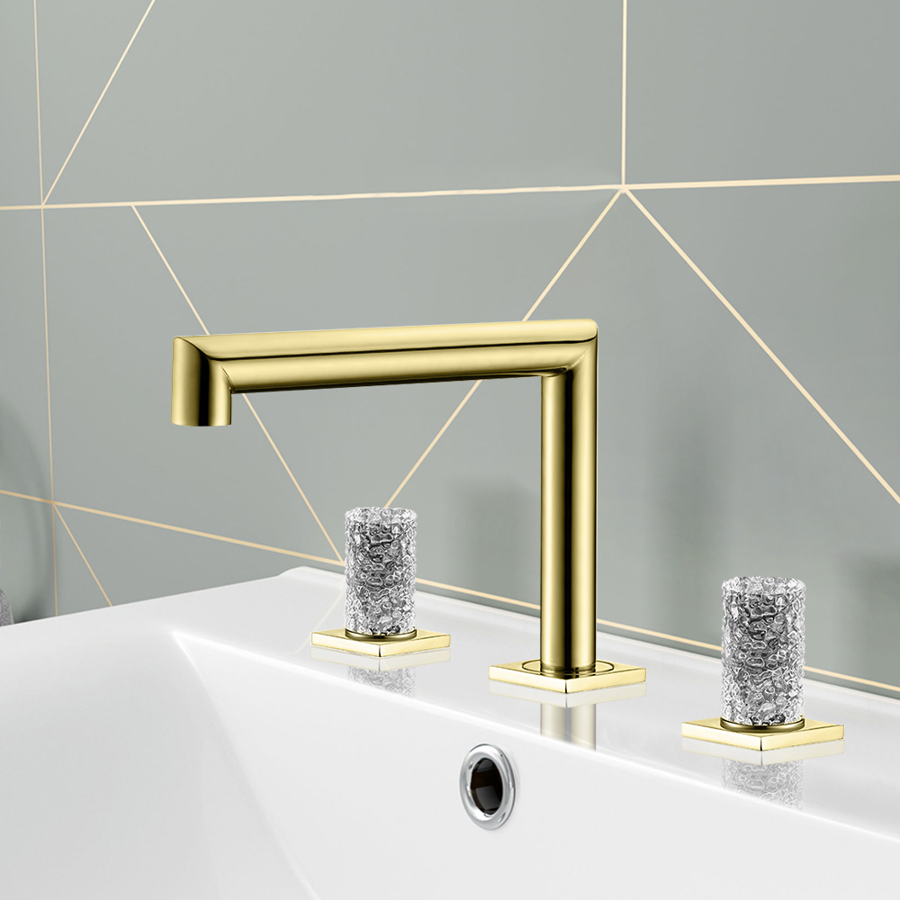 

Widespread Bathroom Sink Faucet Double Knobs Solid Brass in PVD Gold & Clear Crystal