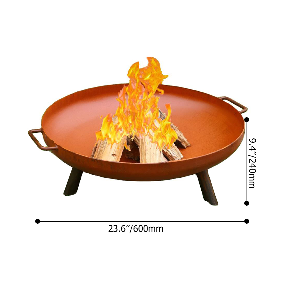 24" Outdoor Wood Burning Fire Pit Corten Steel Garden Fire Bowl with Handles