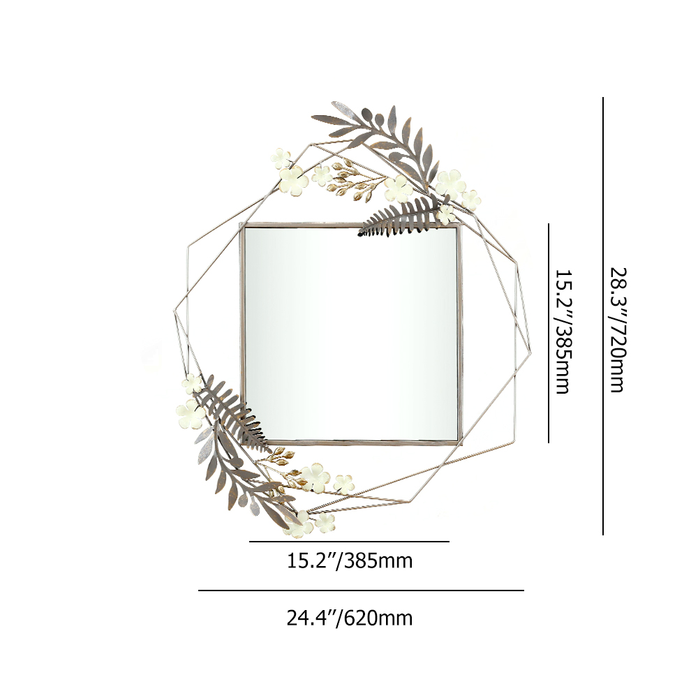 3D Modern Creative Leaves & Flowers Metal Wall Mirror with Geometric Frame