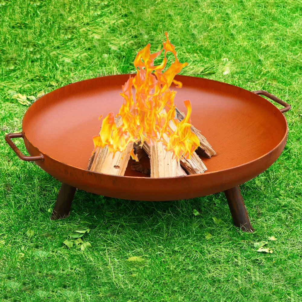 24" Outdoor Wood Burning Fire Pit Corten Steel Garden Fire Bowl with Handles