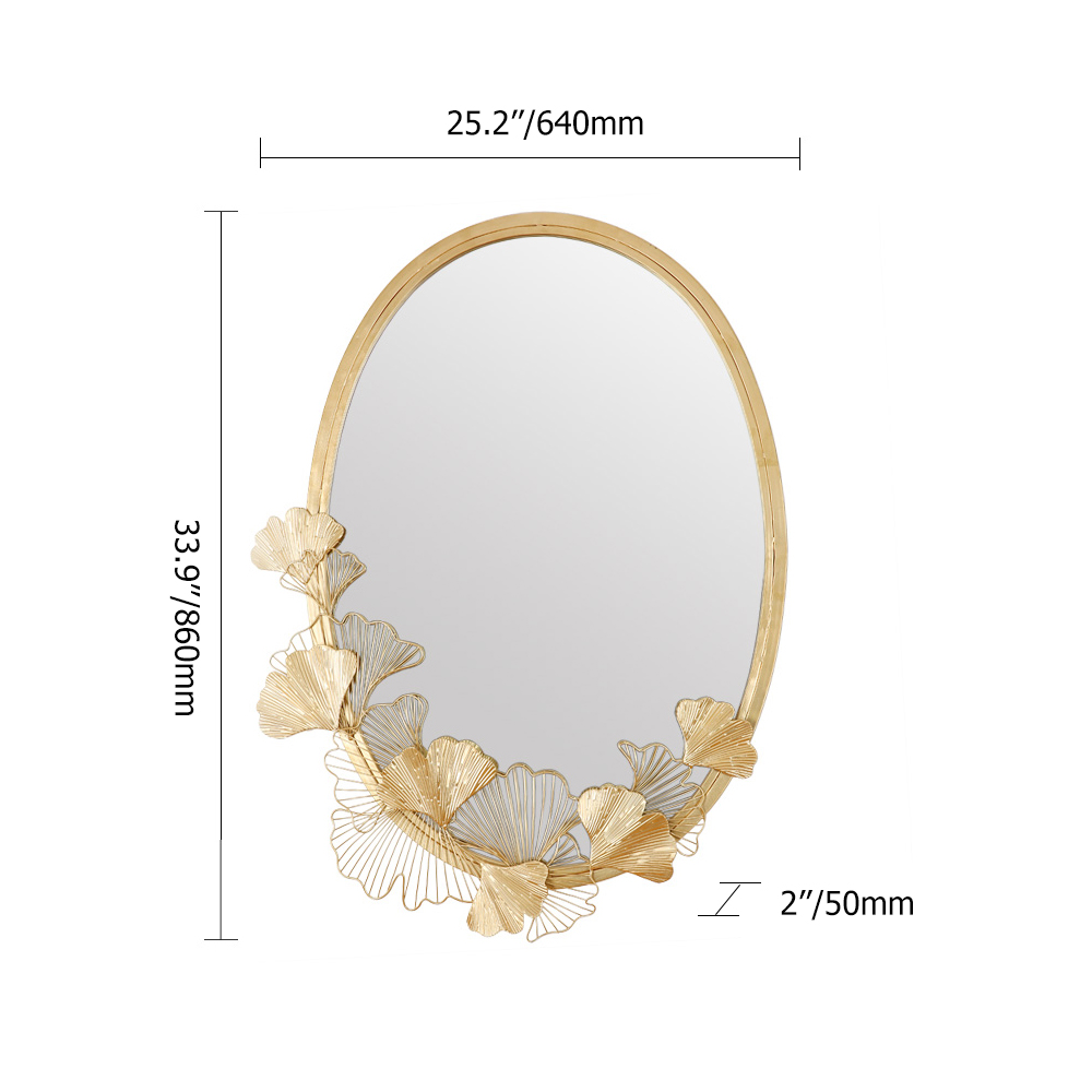 Glam Oval Wall Mirror Hollow-out Ginkgo Leaves in Gold Metal Frame