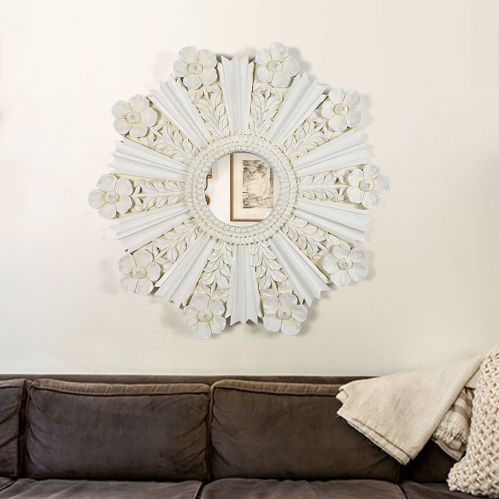 Modern White Resin 10 Blooming Flowers Wall Mirror Wall Hanging Art