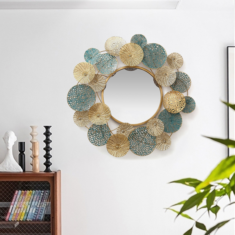 Modern Round Hollow-out Flower Metal Wall Mirror Background Decor