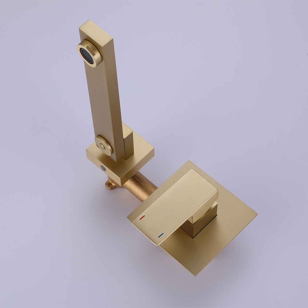 Wall Mount Brushed Gold Single Lever Handle Bathroom Basin Tap Solid Brass
