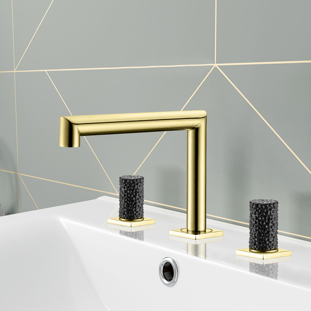 

Widespread Bathroom Sink Faucet Double Knobs Solid Brass in PVD Gold & Black Crystal