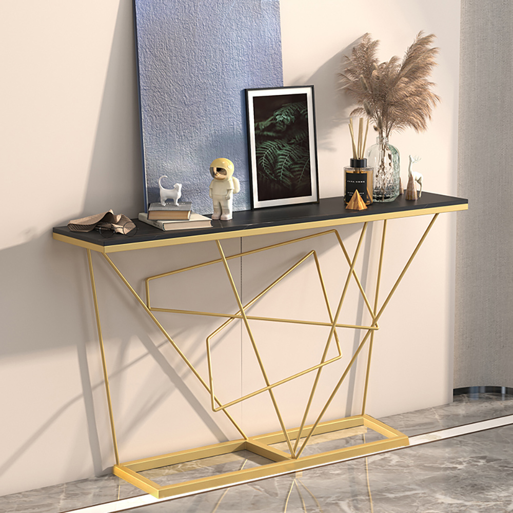 

Black Modern Narrow Console Table with Stone Top & Metal Trestle