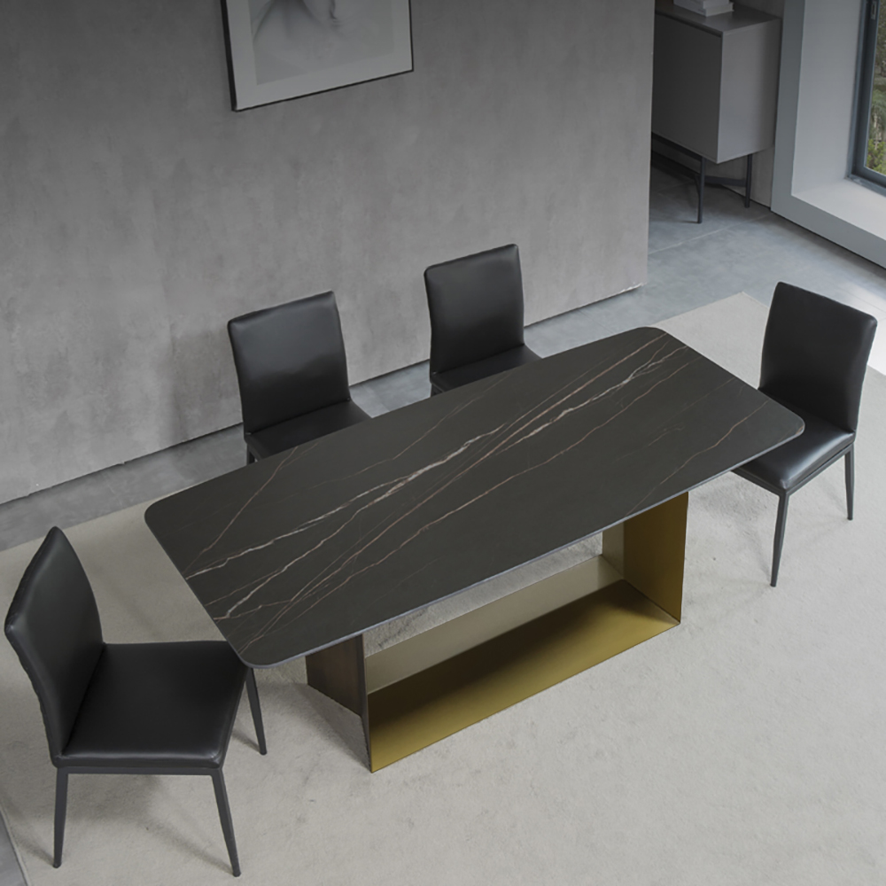 Modern Rectangle 71" Stone Dining Table in Antique Brass