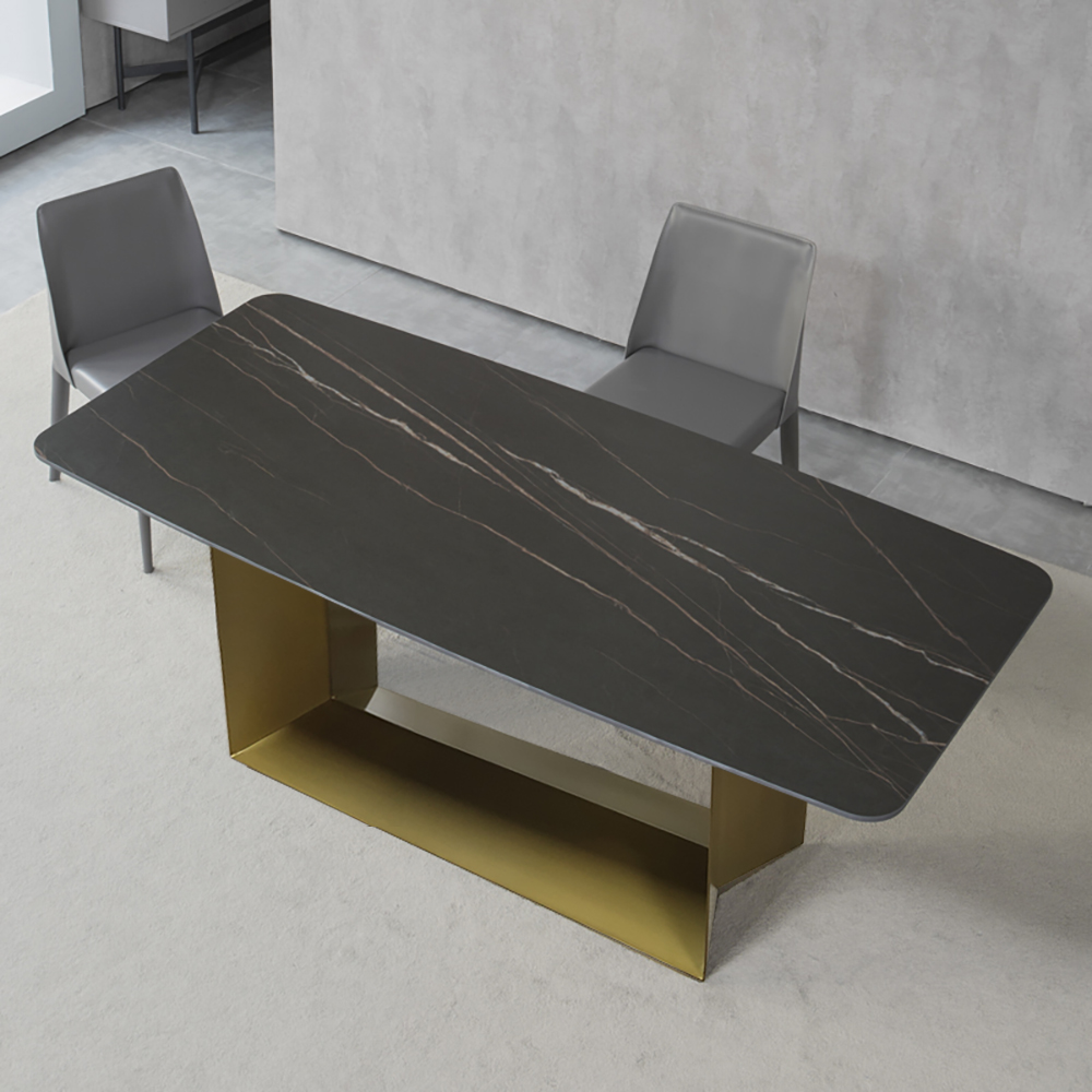 79" Modern Rectangle Stone Dining Table in Antique Brass