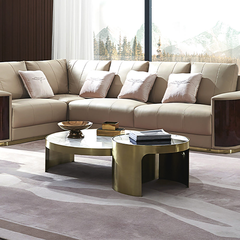 

Champagne Contemporary Faux Marble Top Round Coffee Table Set