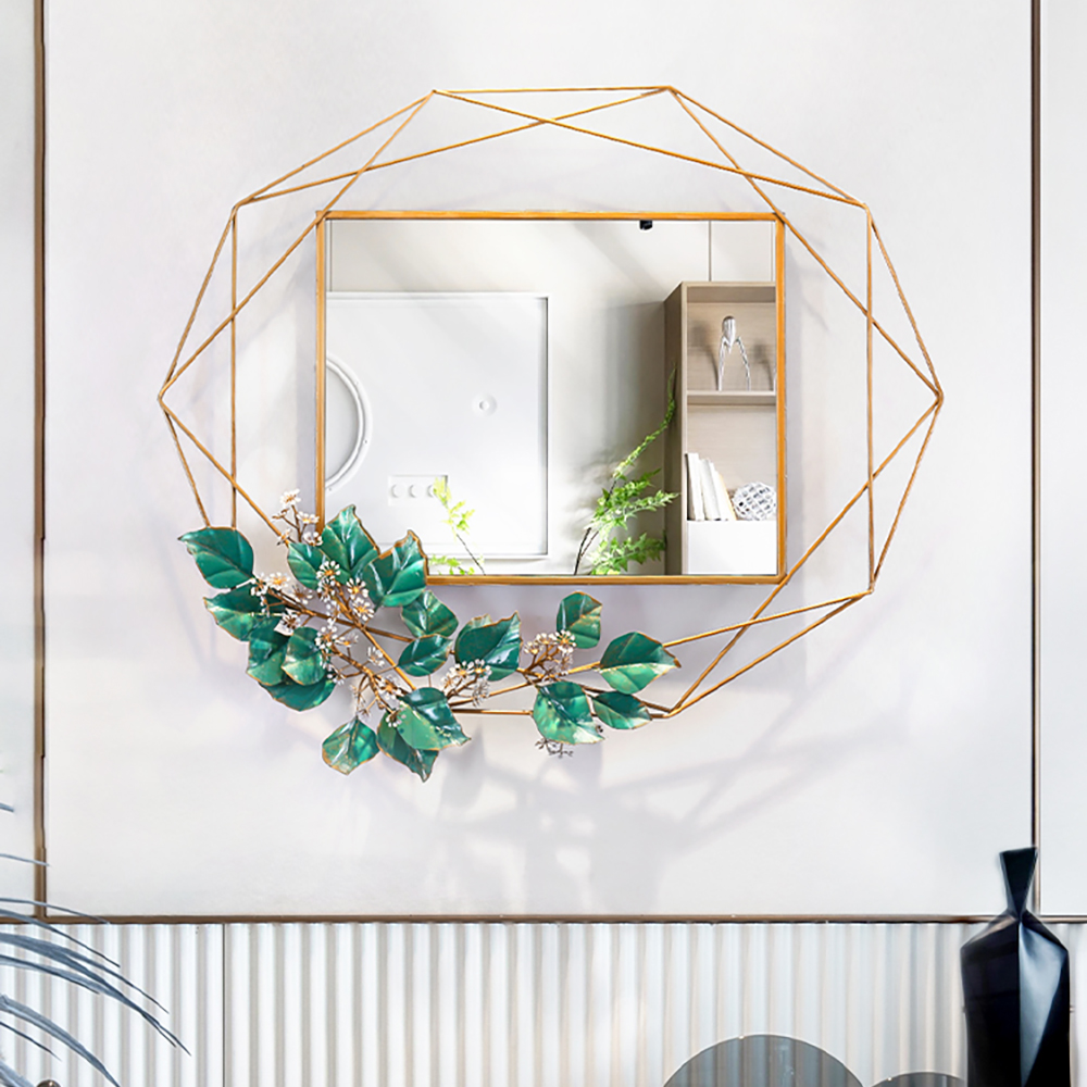 

Modern Geometric Leaves & Flowers Metal Overlapping Wall Mirror in Green & Gold