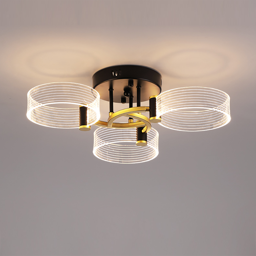 Modern LED Round 3-Light Semi-Flush Mount Light in Black & Gold