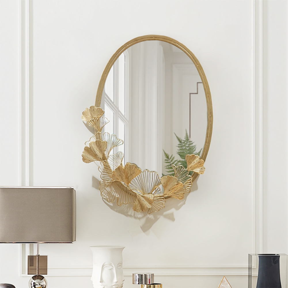 Image of Glam Oval Wall Mirror Hollow-out Ginkgo Leaves in Gold Metal Frame