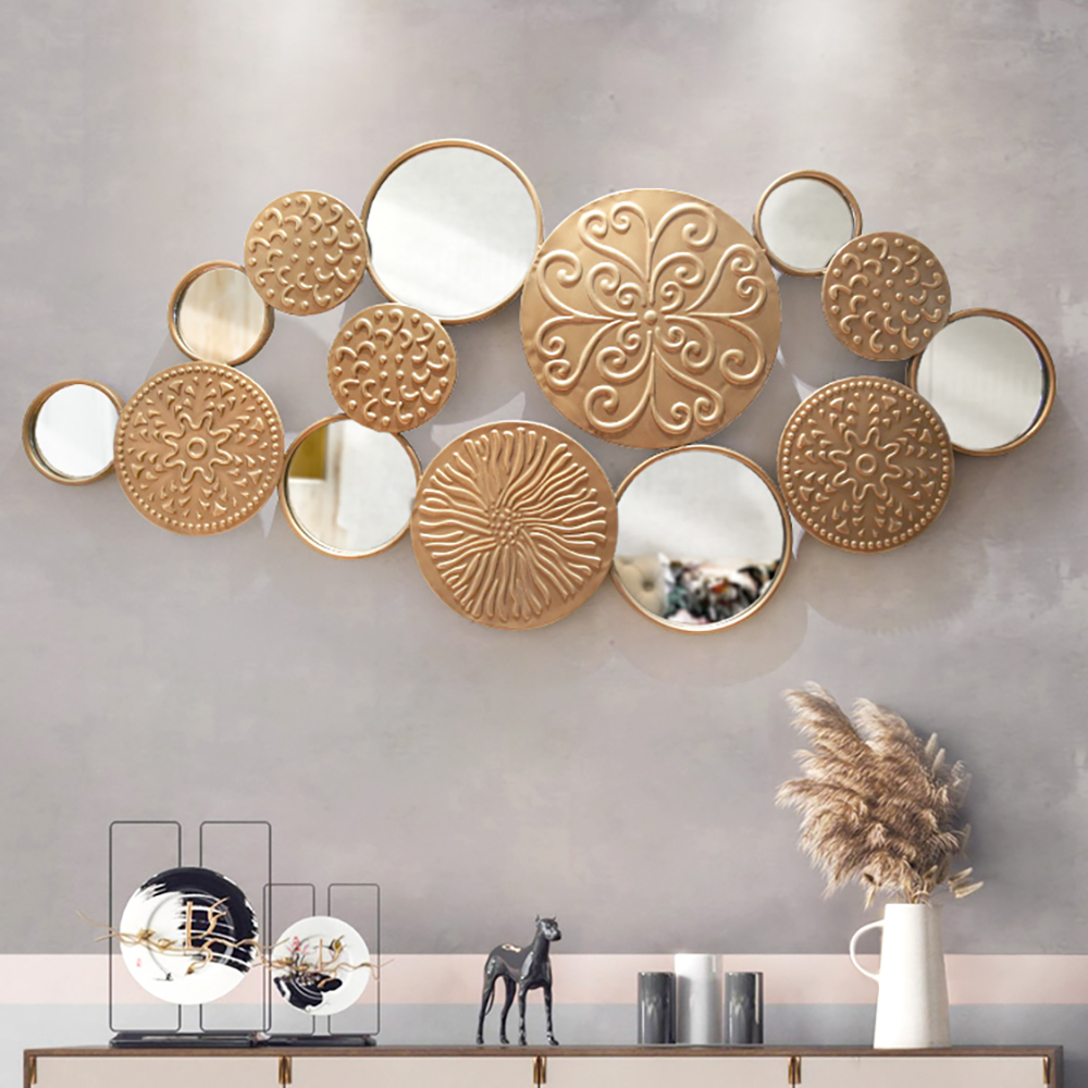 Vintage 3D Geometric Round Rings Gold Metal Wall Mirror Home Art