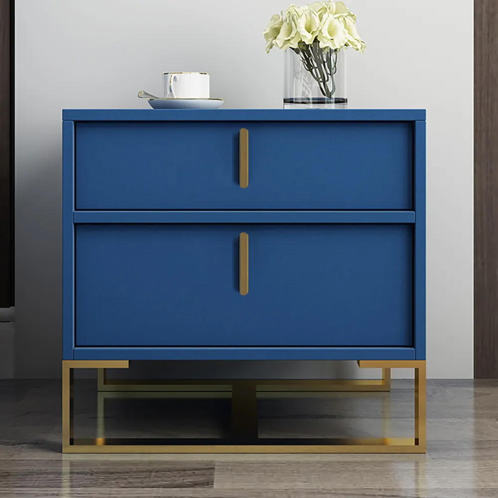

Modern Blue Nightstand Minimalist Bedside Table with 2 Drawers in Gold