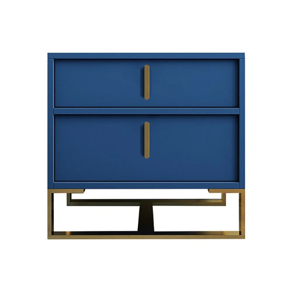 Modern Blue Nightstand Minimalist Bedside Table with 2 Drawers in Gold