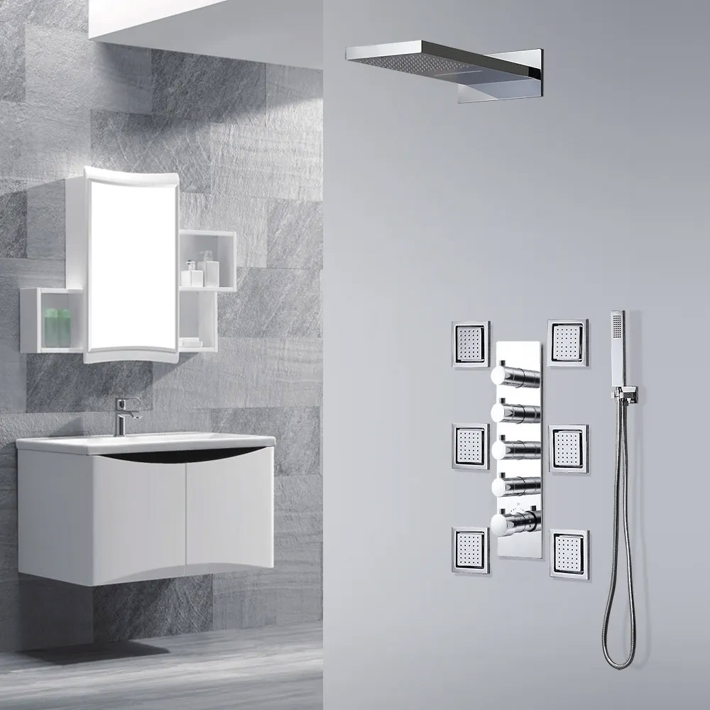 Wall-Mount Thermostatic Waterfall Rain Shower System with 6 Body Sprays & Hand Shower