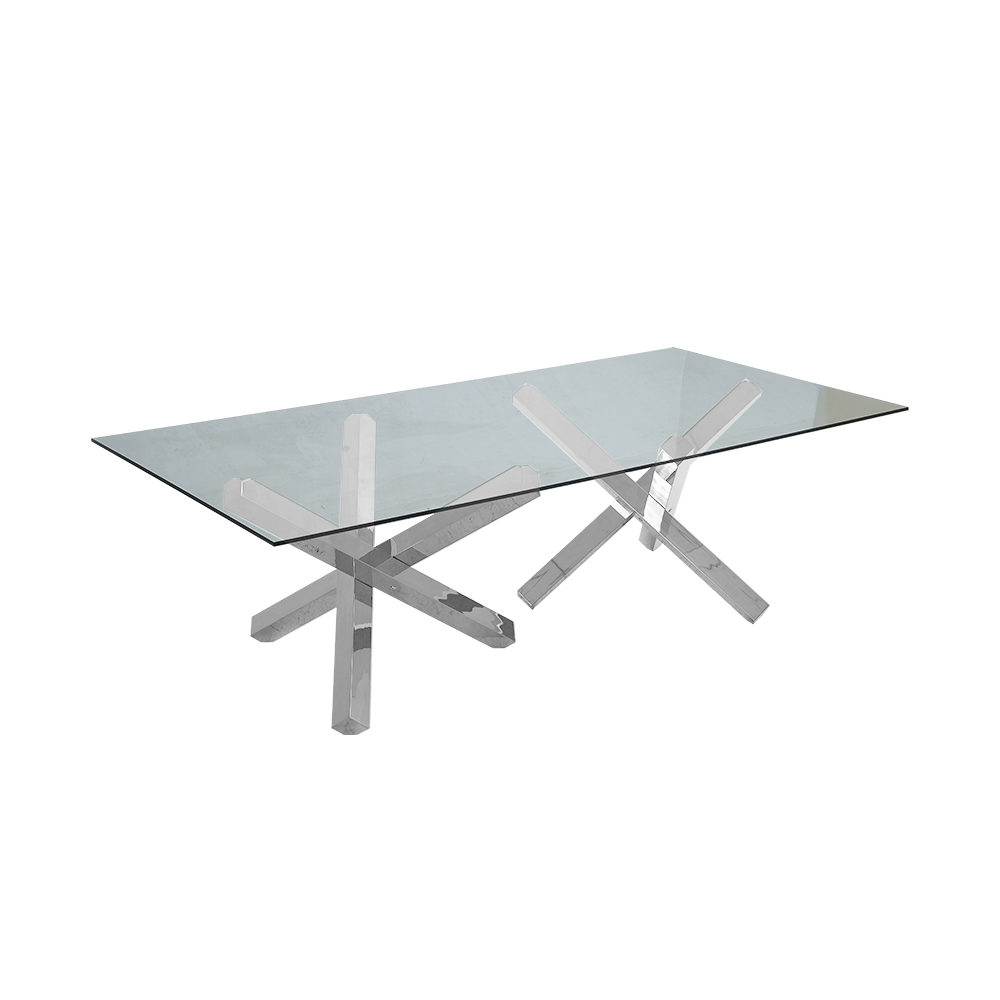 95" Modern Glass Dining Table with Double Pedestal in Silver