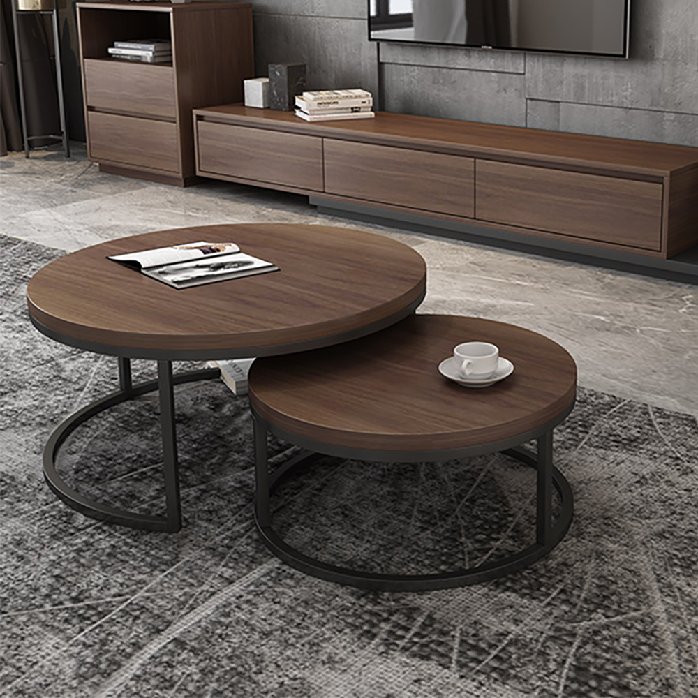 Fero 2 Pieces Modern Walnut & Black Round Nesting Coffee Table for Living Room