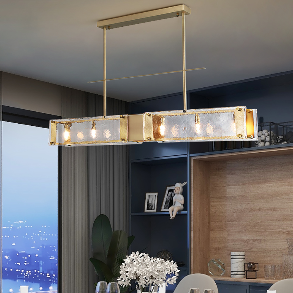 

Modern Gold Linear Kitchen Island Light 6-Light with Geometric Glass