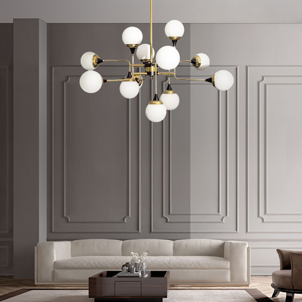 

Postmodern 12-Light Branching Chandelier with White Globe Shades