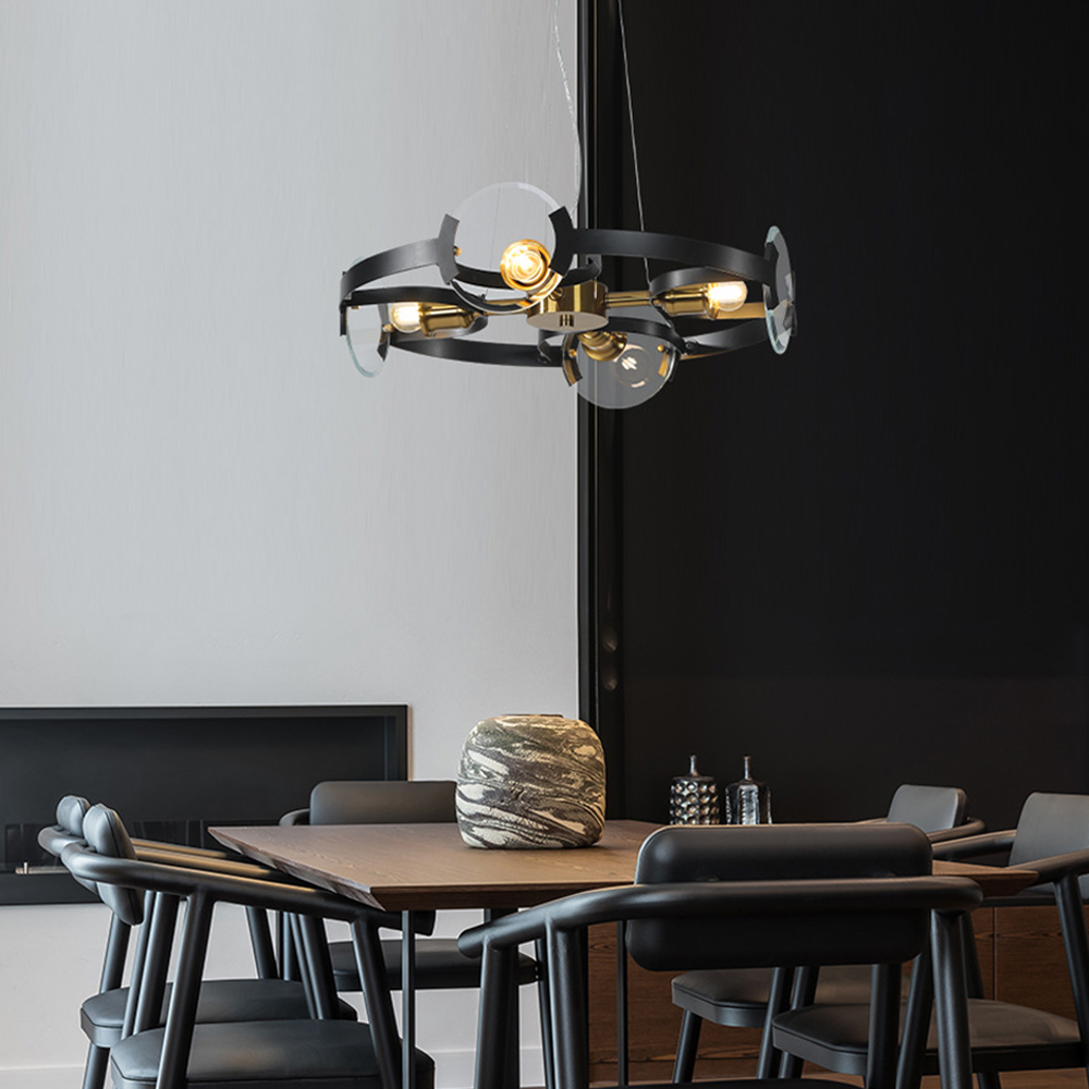 

Postmodern 4-Light Wagon Wheel Glass Chandelier in Black