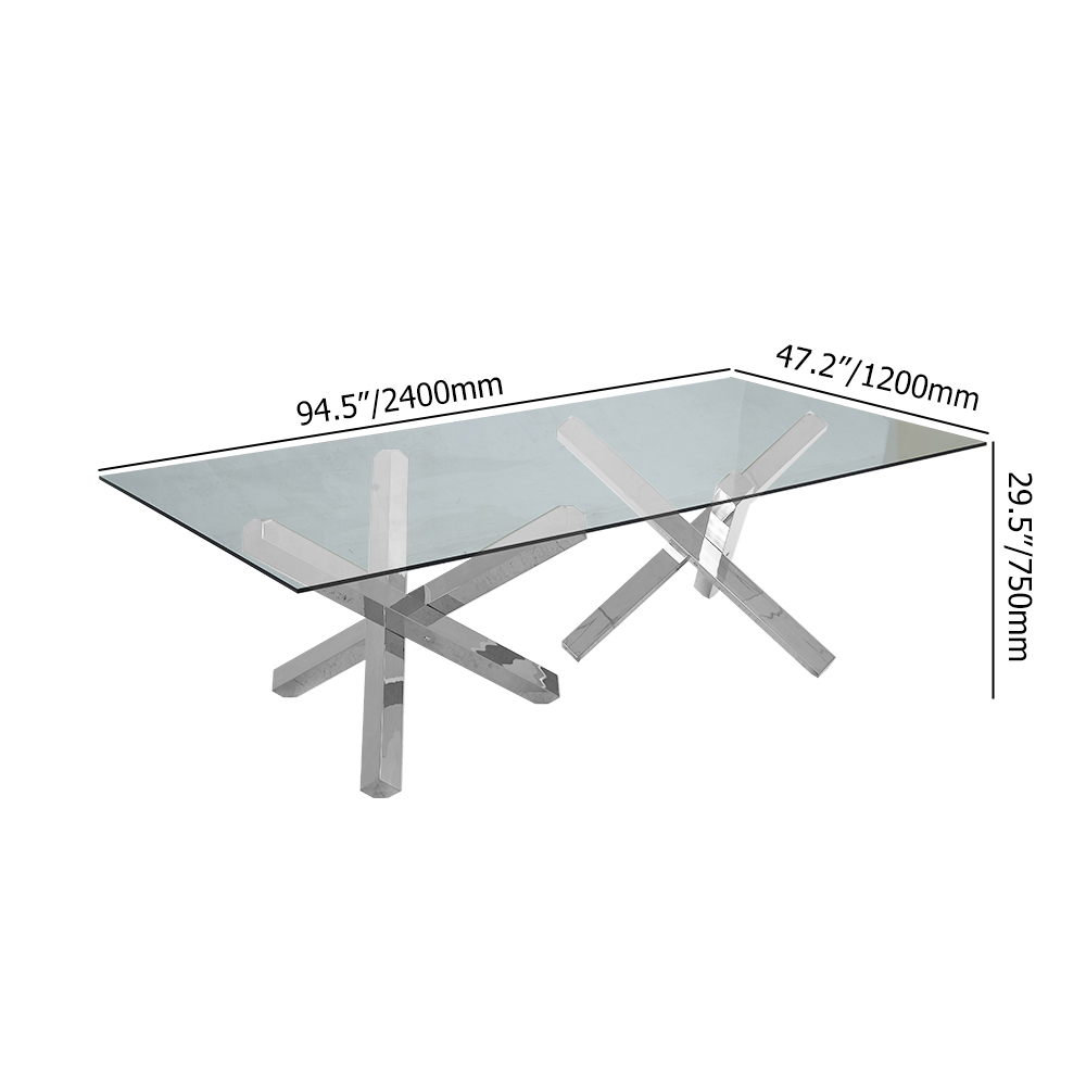 95" Modern Glass Dining Table with Double Pedestal in Silver