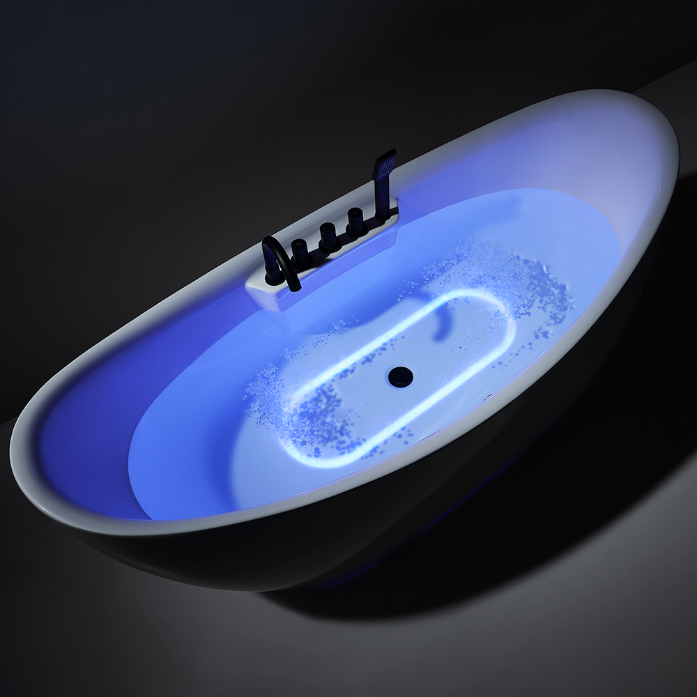 Image of 71" LED Acrylic Oval Micro Jets Air Bubble Freestanding Bathtub in White