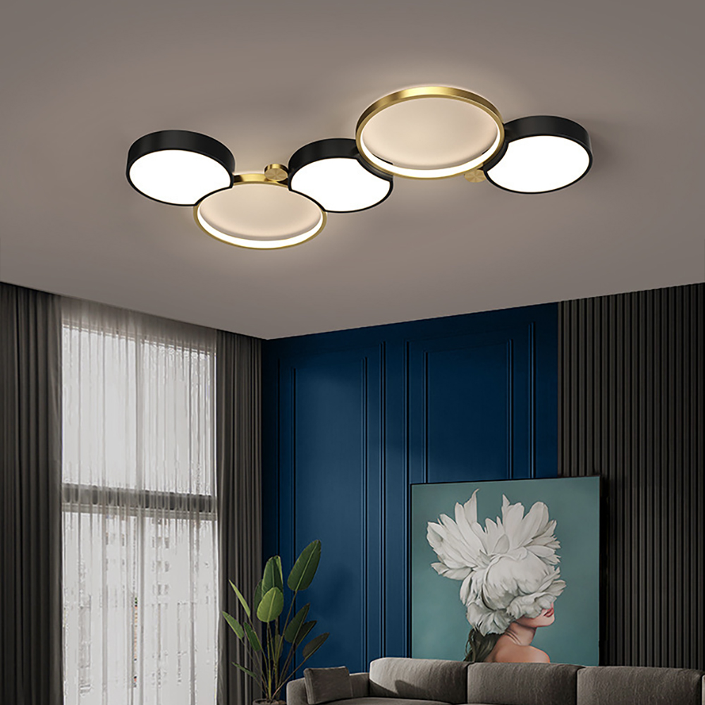 Multi-Circles 5-Light LED Flush Mount Ceiling Light in Black & Gold