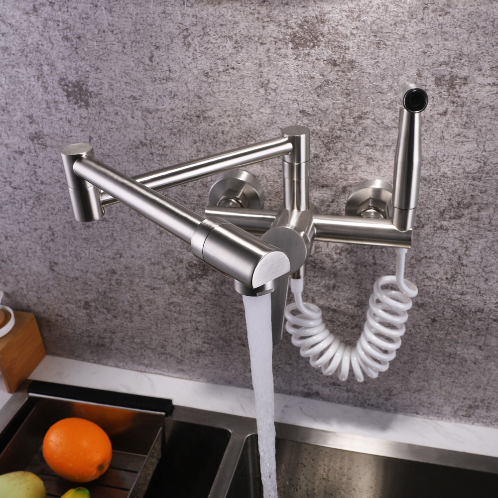 Modern Retractable Wallmounted Pot Filler Brushed Nickel Kitchen Tap