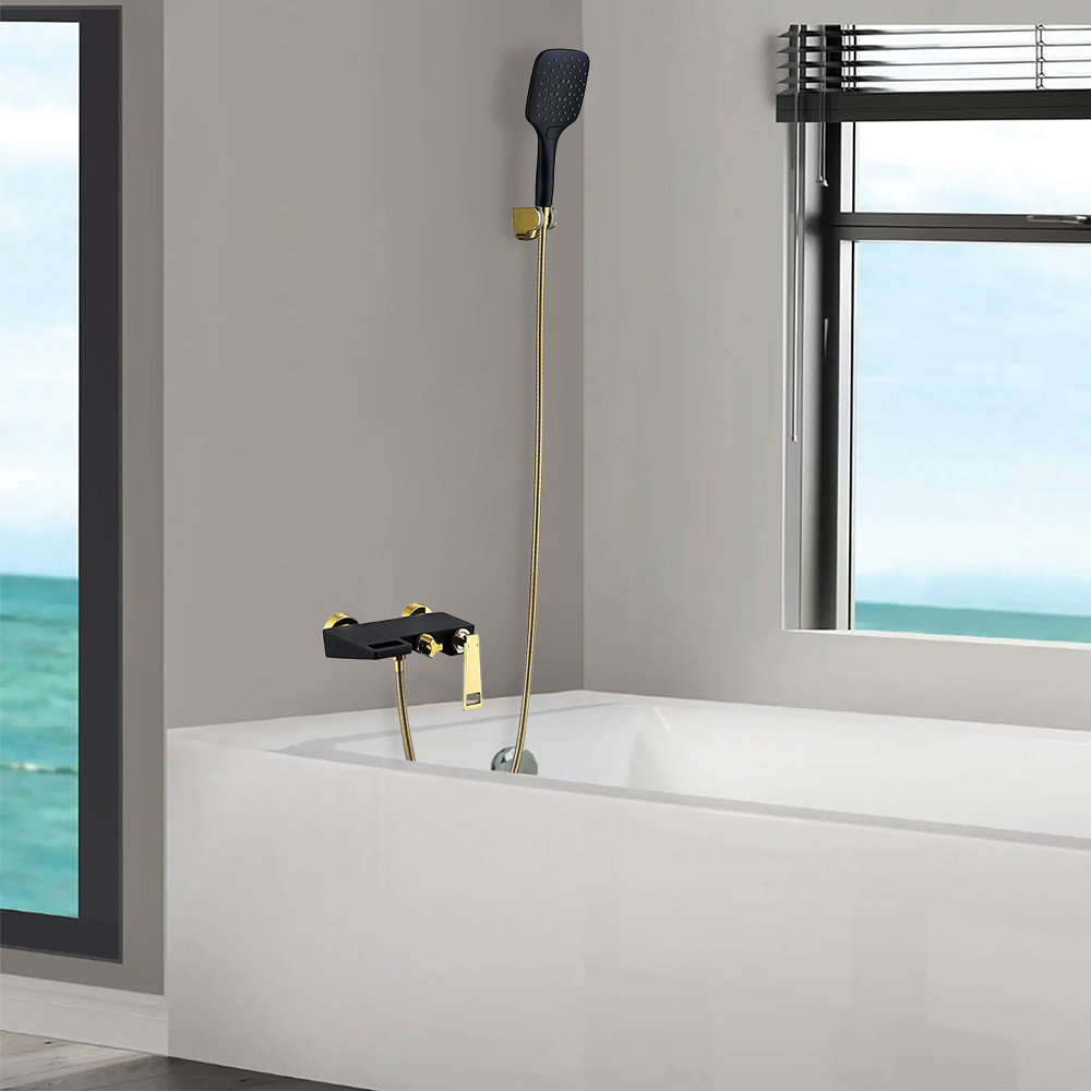 

Wall Mount Waterfall Bathtub Faucet with Hand Shower Solid Brass in Black & Gold