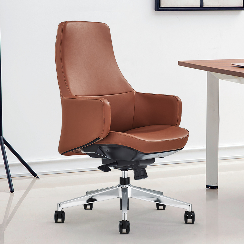 

Contemporary Brown Armed Swivel Office Chair with Leath-aire Solid Back