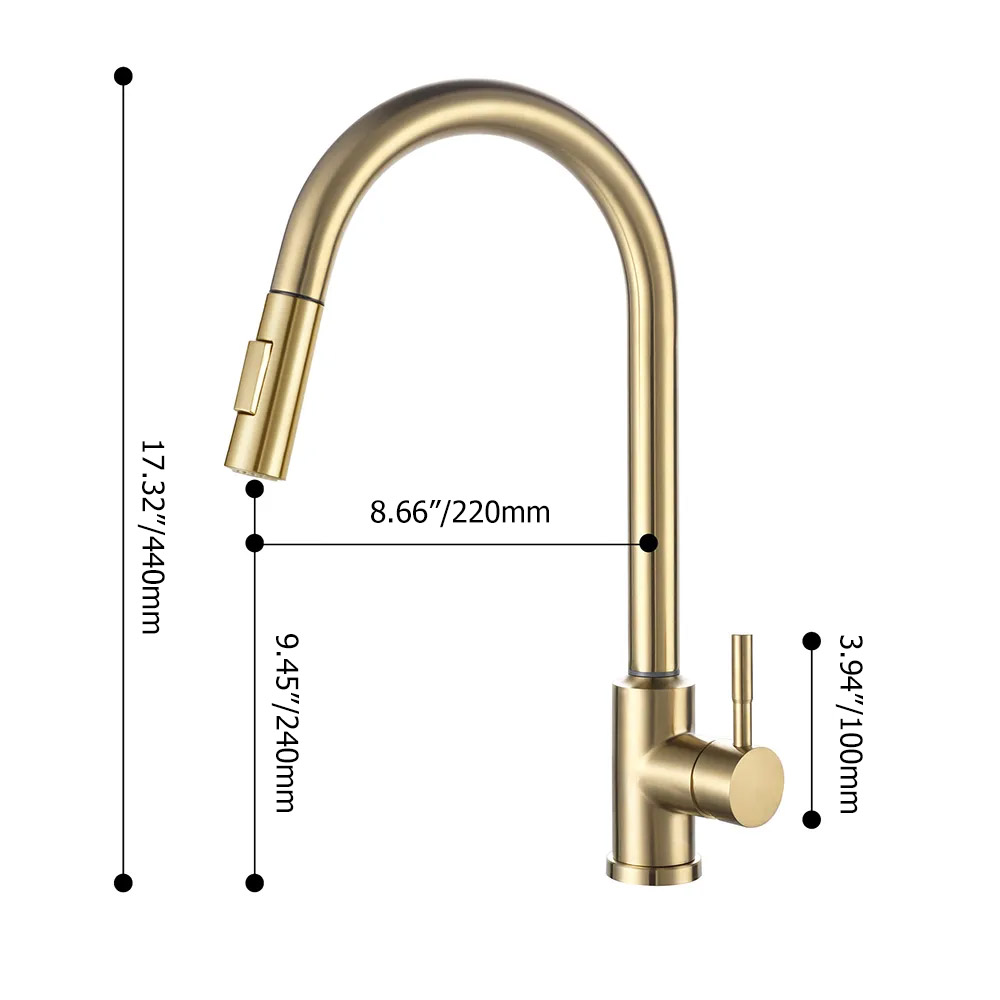 Touch Kitchen Tap Pull Out Sprayer Stainless Steel Single Handle in Brushed Gold