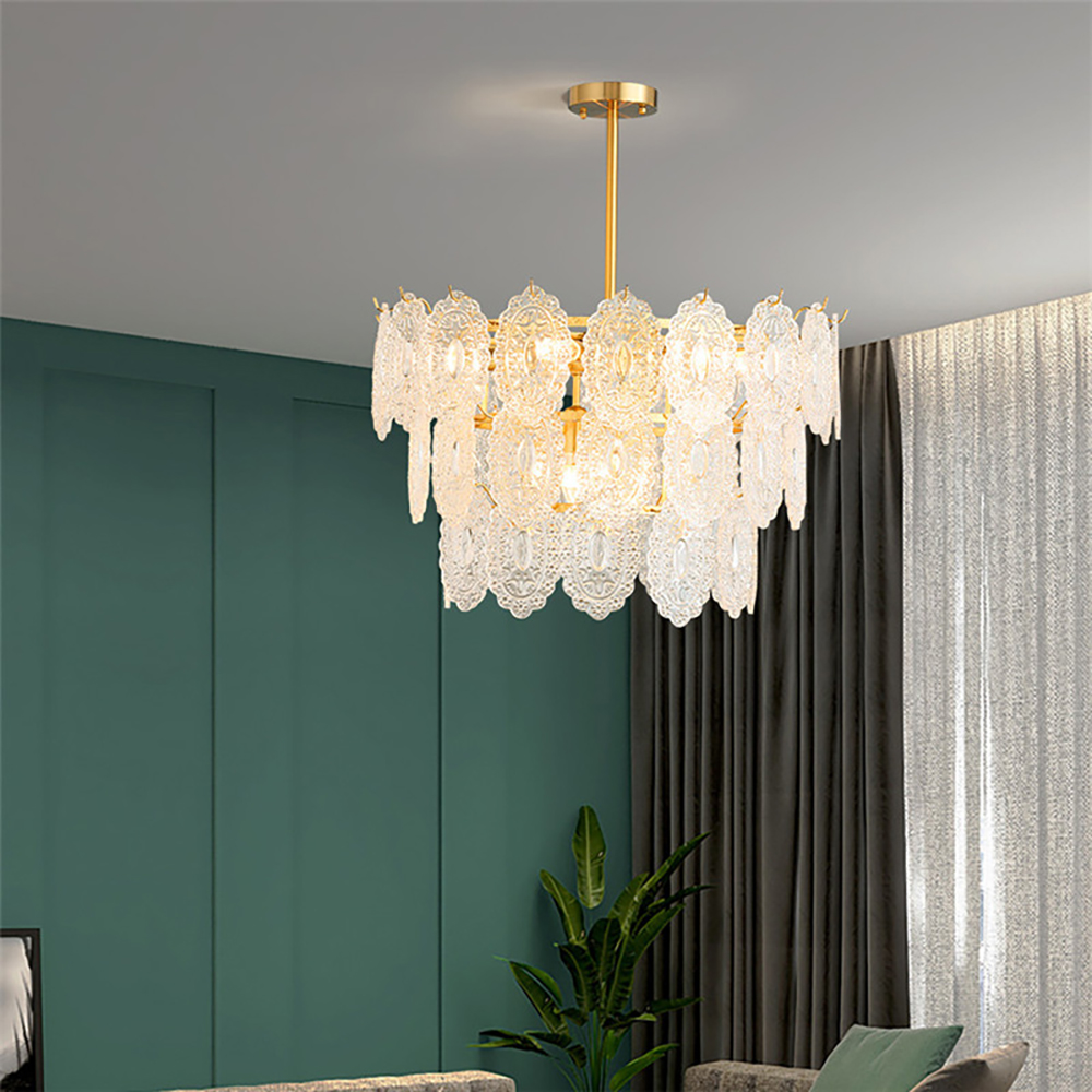

Modern Tiered Glass 12-Light Chandelier with Gold Adjustable Hanging Rod