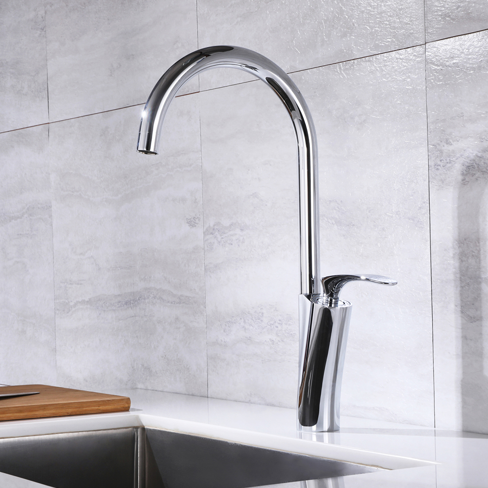 

Single Handle Kitchen Faucet 1-Hole Polished Chrome Solid Brass