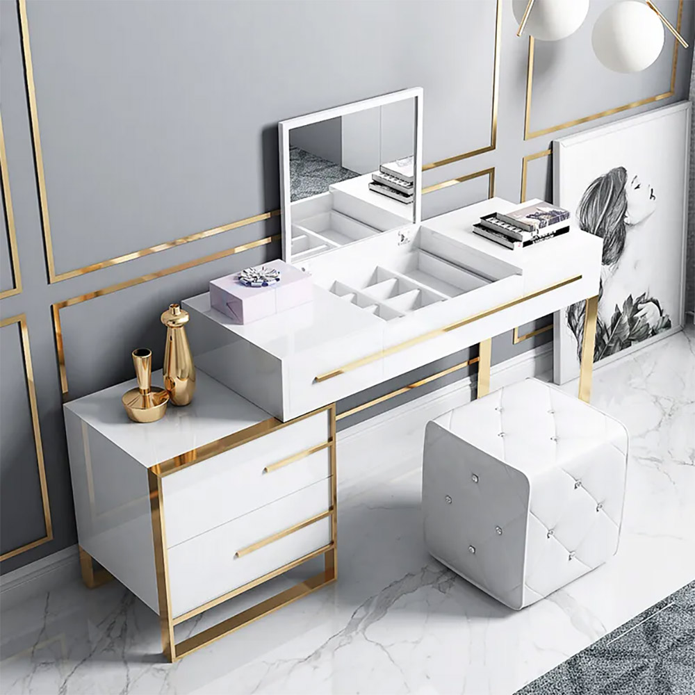 Cylina White Makeup Vanity with Storage & Flip Top Mirror 4 Drawers & Golden Base