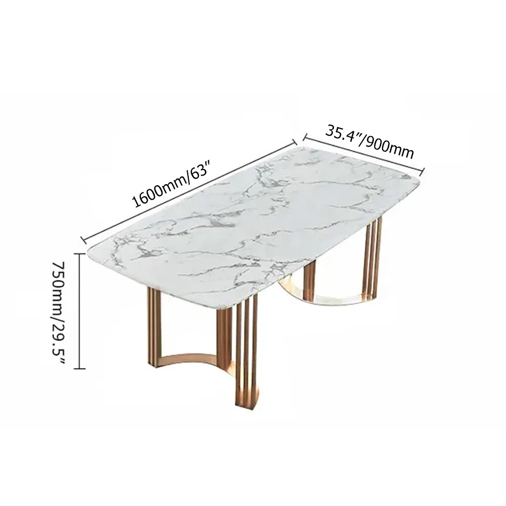 Table de salle à manger de 63 po en faux marbre pour 4-6 personnes, plateau rectangulaire blanc doré