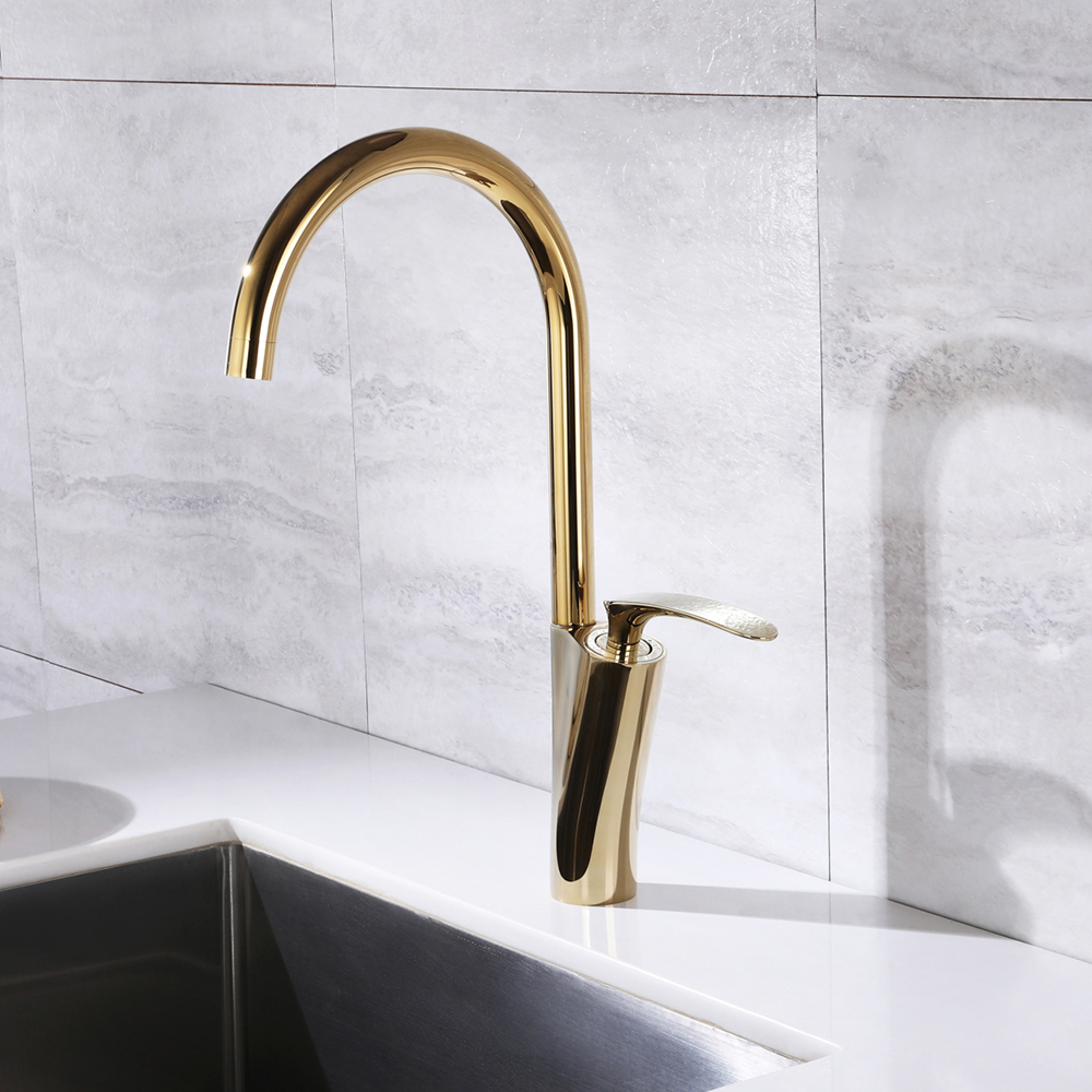 

Single Handle Kitchen Faucet 1-Hole Gold Solid Brass